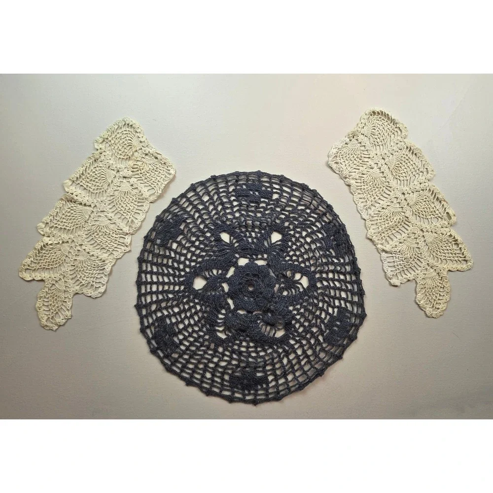 Vintage Handmade Crochet Lace Doily Set Gray Round & Cream Pineapple Runners 3pc